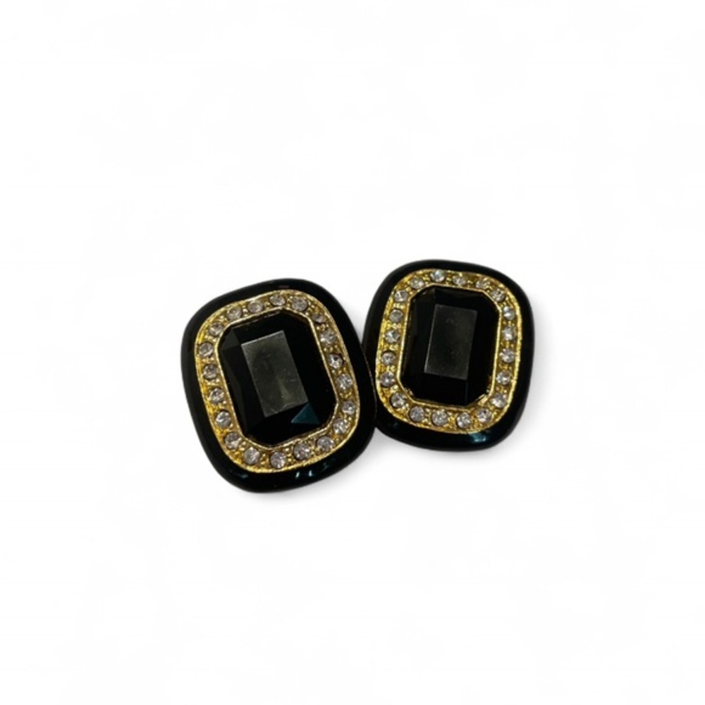 Vintage Black + Gold With Diamond Gemstones Clip On Earrings